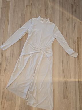 Halston Heritage Ivory Long-Sleeve Twist-Drape Midi Dress